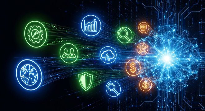Digital transformation and technology concept with glowing icons representing various aspects of business, innovation, and connectivity on a dark background