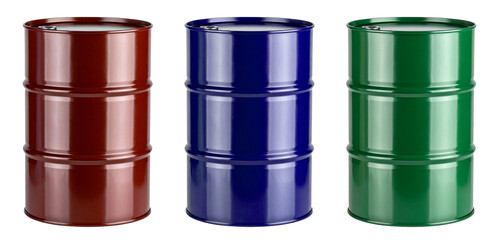 group of red, blue and green barrel can oil isolated on white background