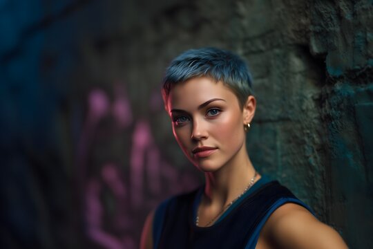 Confident woman with pastel blue pixie haircut under colorful gel lights with sharp cheekbones