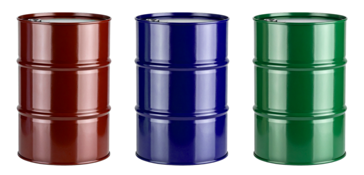 group of red, blue and green barrel can oil isolated on white background
