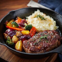 Delicious steak and vegetables in cast iron skillet.
