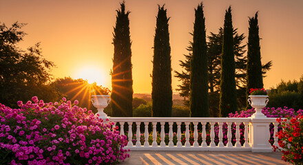 Idyllic Tuscan Sunset View with Cypress Trees and Blooming Flowers Landscape