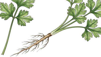 showing the root, stem, and leaves of a parsley plant, with detailed depiction.