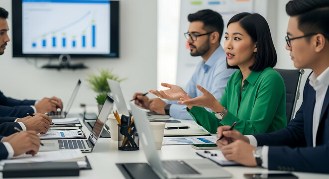 Diverse business team collaborating during a meeting in a modern office discussing growth strategies and financial performance analysis for success
