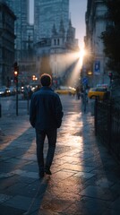 Man walking on city street in evening light.