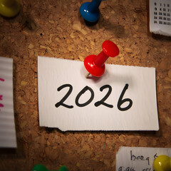 2026 Calendar Planning with Red Pushpin on Corkboard in Office Setting