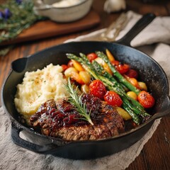 Delicious steak with vegetables in skillet.