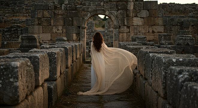 Mysterious woman in flowing dress walking through ancient Roman ruins at Volubilis