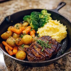 Delicious steak with vegetables and mashed potatoes.