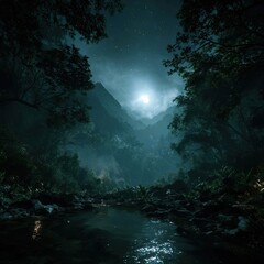Serene moonlit forest with reflective water.