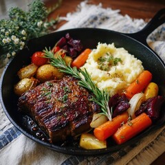 Delicious roasted meat with vegetables in skillet.