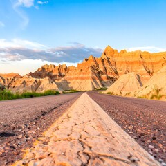Asphalt road through colorful badlands