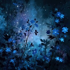 Enchanting blue flowers in a starlit background.