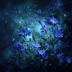Beautiful blue flowers in a cosmic background.