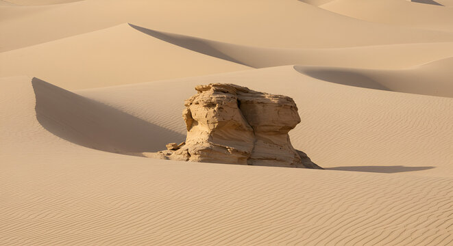 Serene desert landscape with a rock formation amid rolling sand dunes