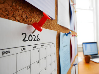 2026 Calendar Planning with Red Pushpin on Corkboard in Office Setting