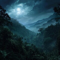 Mysterious forest under moonlit sky.