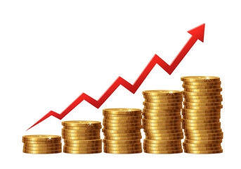 Rising Coin Stacks with Red Growth Arrow on White Background