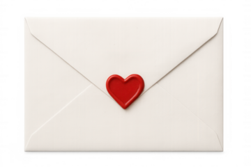 White envelope featuring a prominent red heart wax seal, symbolizing love and sending a secret message. Transparent background