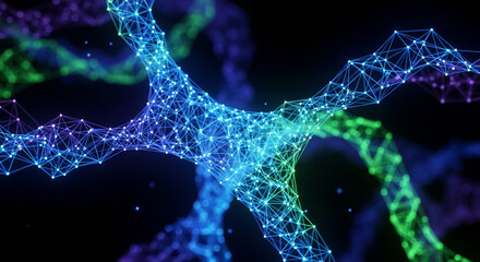 Abstract network of interconnected points and lines in vibrant blue, green, and purple hues, representing connectivity, data flow, and modern technology