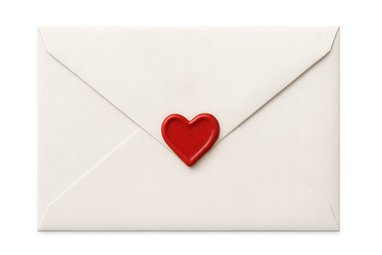 White envelope featuring a prominent red heart wax seal, symbolizing love and sending a secret message. Transparent background