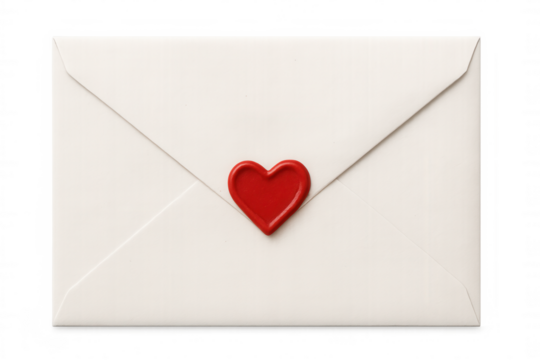 White envelope featuring a prominent red heart wax seal, symbolizing love and sending a secret message. Transparent background