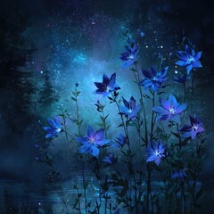 Serene blue flowers under a starry night sky.
