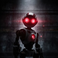 Futuristic robot with glowing red eyes.