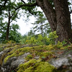 Moss-covered stone wall in serene natural setting.