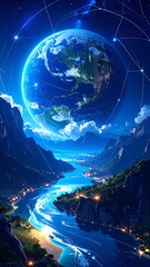 Earth, Mountains, and River at Night