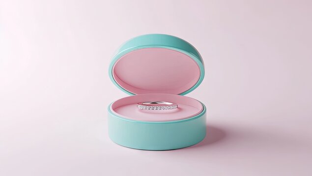 Mint-colored ring box, open, with a delicate ring inside - Powered by Adobe