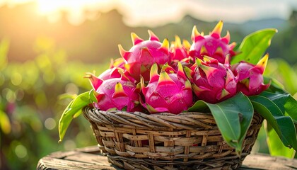 Obraz premium Fresh dragon fruit pile in rustic basket with green leaves, organic farm-to-table concept, tropical fruit market aesthetic