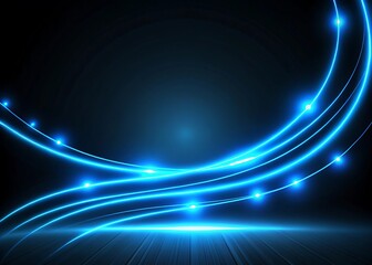 Fototapeta premium Abstract blue neon light trails swirling across a dark background with glowing particles