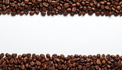 Overhead Composition Of Roasted Coffee Beans Frame a White Background with Neutral Tone and Subtle Shadows in Horizontal Format