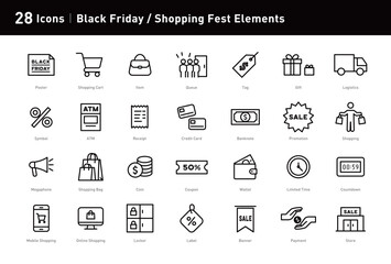 This shopping fest icon set highlights discounts and promotions. Ideal for Black Friday and holiday sales, with scalable color options.