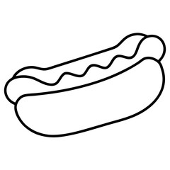 A simple black outline drawing of a hotdog with mustard on a white background