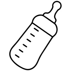 Illustration of a baby bottle with markings in black outline on white background