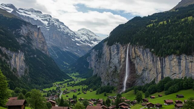 Staubbach falls cascades down a cliff in the lauterbrunnen valley, switzerland