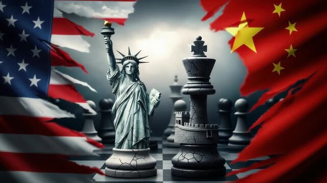 Torn flags of the US and China frame chessboard A Statue of Liberty chess piece faces dark cracked king/rook piece symbolizing geopolitical tension and strategic rivalry