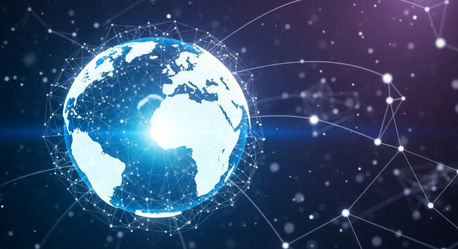 A glowing digital earth with network connections, symbolizing global communication, technology, and the interconnectedness of the modern world in a futuristic style - Powered by Adobe
