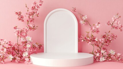 Pink floral backdrop, product display, spring scene, advertising