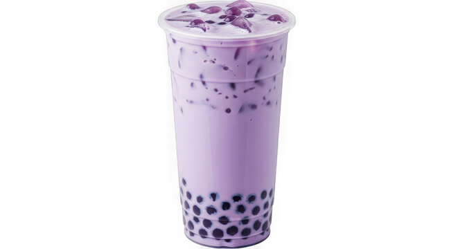 Taro bubble tea with tapioca pearls isolated on transparent background, a refreshment