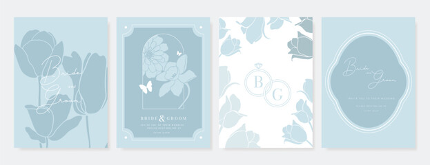 Wedding invitation card background vector set. Minimal hand drawn blue flower, butterfly, ring and frame. Design for wedding, vip cover template, rsvp modern card, poster.