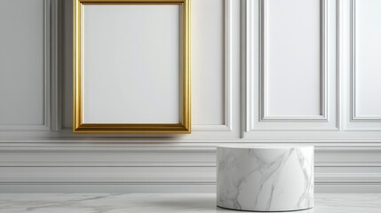 Empty marble podium with gold frames, luxury display, modern interior