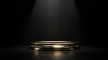 Gold podium illuminated by spotlight, empty stage, product presentation
