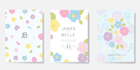 Wedding invitation card background vector set. Minimal hand drawn  flower, leaves and pattern. Design for wedding, vip cover template, rsvp modern card, poster.