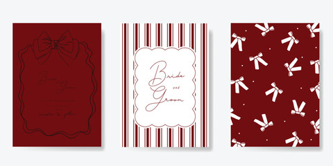 Wedding invitation card background vector set. Minimal hand drawn  ribbon frame and pattern. Design for wedding, vip cover template, rsvp modern card, poster.