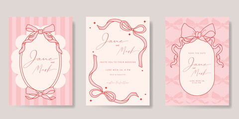 Wedding invitation card background vector set. Minimal hand drawn  ribbon frame and pattern. Design for wedding, vip cover template, rsvp modern card, poster.