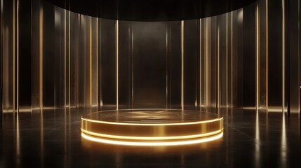 Golden podium stage, empty display, dark background, product presentation, promotional use