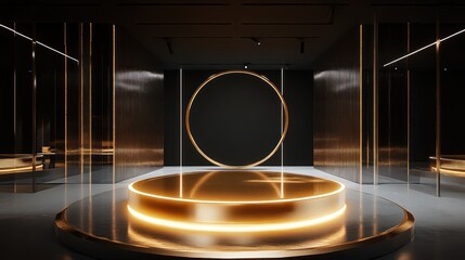 Modern gold podium display, empty stage, dark interior, product presentation, promotional